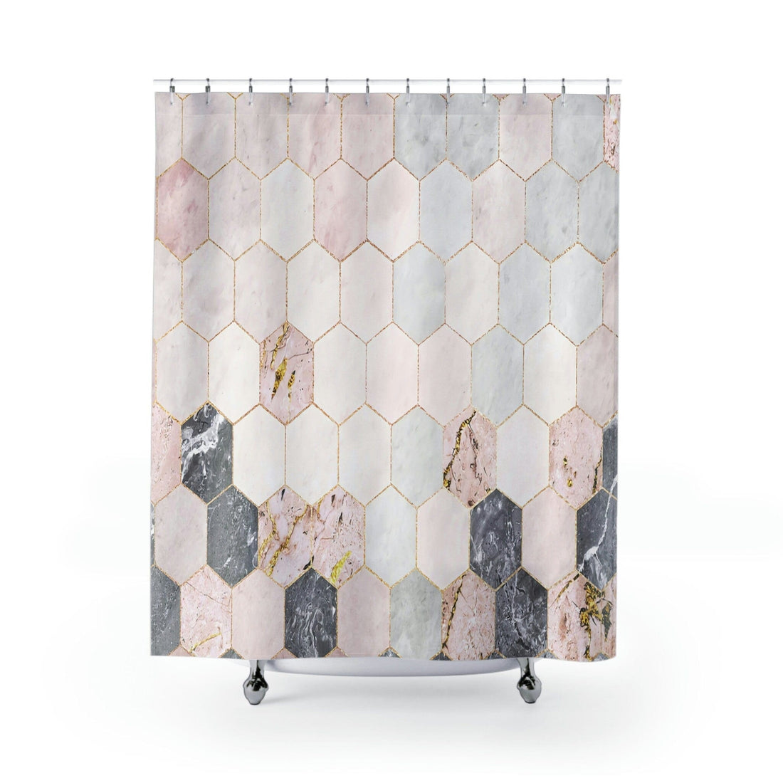 Kate McEnroe New York Modern Geometric Tiles Marble Print Shower Curtain, Stylish Bathroom Decor, Pink, Grey, Light Blue Marble Bath Curtains, Contemporary BathShower CurtainsSC - MAR - TIL - 7X7