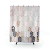 Kate McEnroe New York Modern Geometric Tiles Marble Print Shower Curtain, Stylish Bathroom Decor, Pink, Grey, Light Blue Marble Bath Curtains, Contemporary BathShower CurtainsSC - MAR - TIL - 7X7