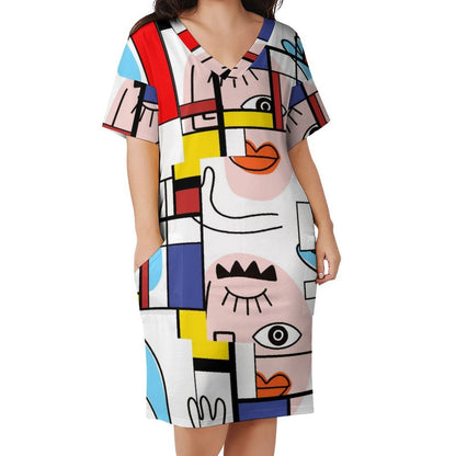 Kate McEnroe New York Mondrian Boho Evil Eye Patchwork Baggy Dress with PocketsDressesD3002646