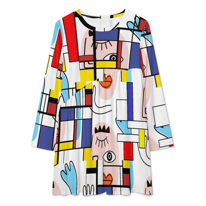 Kate McEnroe New York Mondrian Boho Evil Eye Patchwork Long Sleeve T - shirt DressDressesD3002644