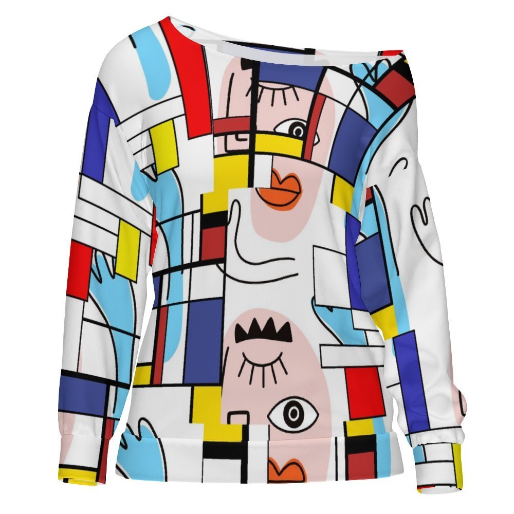 Kate McEnroe New York Mondrian Boho Evil Eye Patchwork Off Shoulder SweatshirtSweatshirtsD3002648