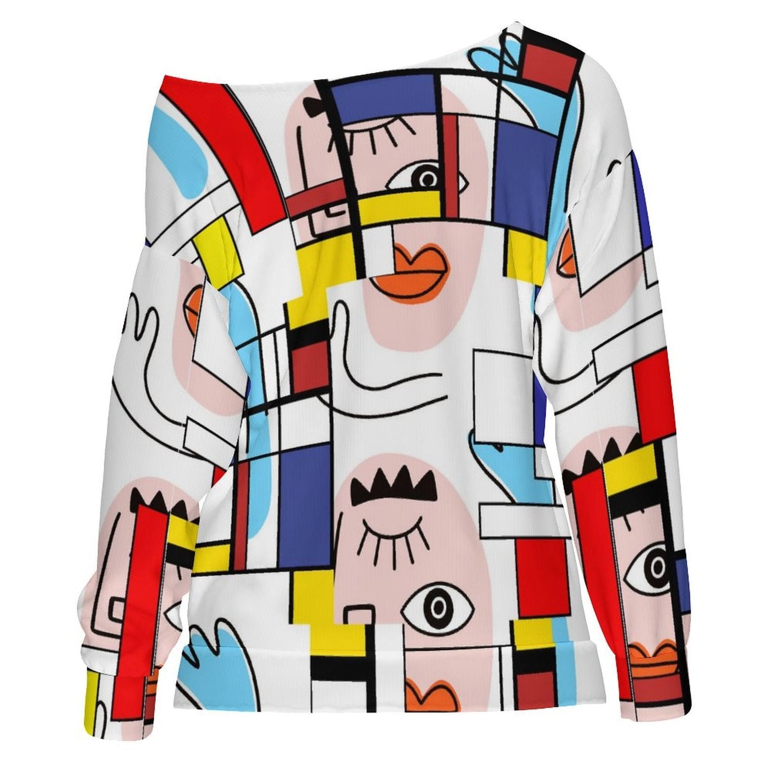 Kate McEnroe New York Mondrian Boho Evil Eye Patchwork Off Shoulder SweatshirtSweatshirtsD3002648