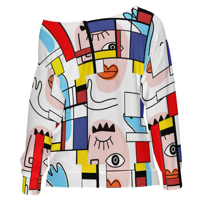 Kate McEnroe New York Mondrian Boho Evil Eye Patchwork Off Shoulder SweatshirtSweatshirtsD3002648