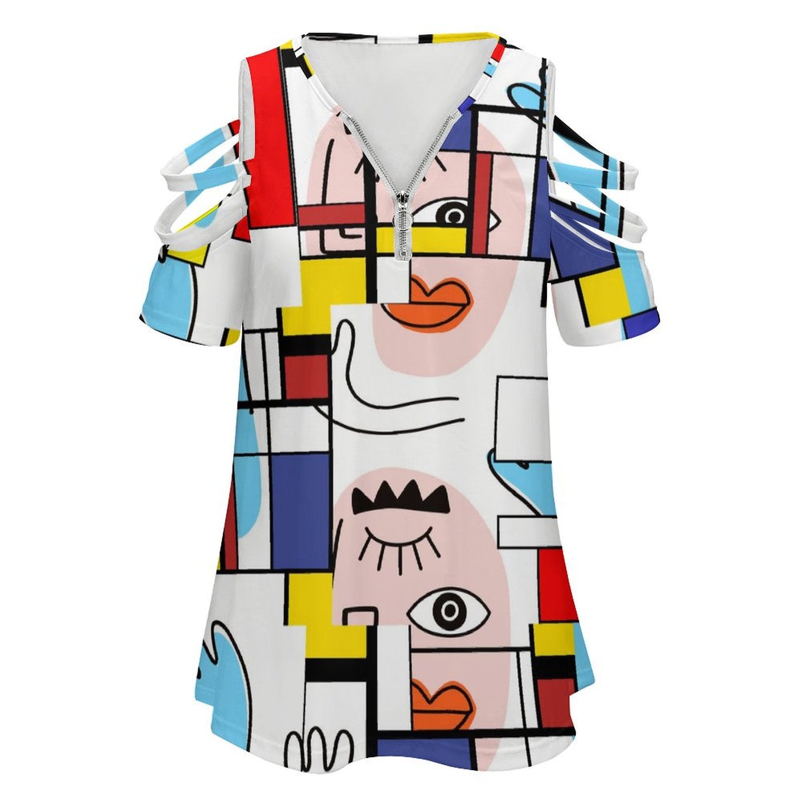 Kate McEnroe New York Mondrian Boho Evil Eye Patchwork Off Shoulder Zip V - Neck TunicTunicsD3002653