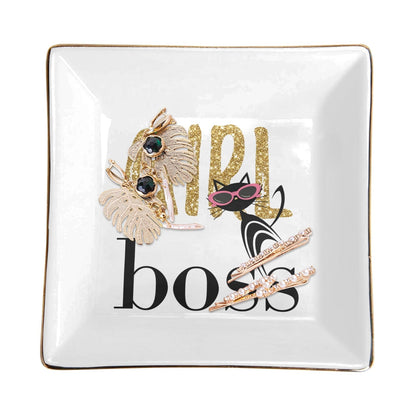 interestprint Motivational Atomic Cat “Girl Boss” Ceramic Jewelry Dish Jewelry Tray One Size D2874404