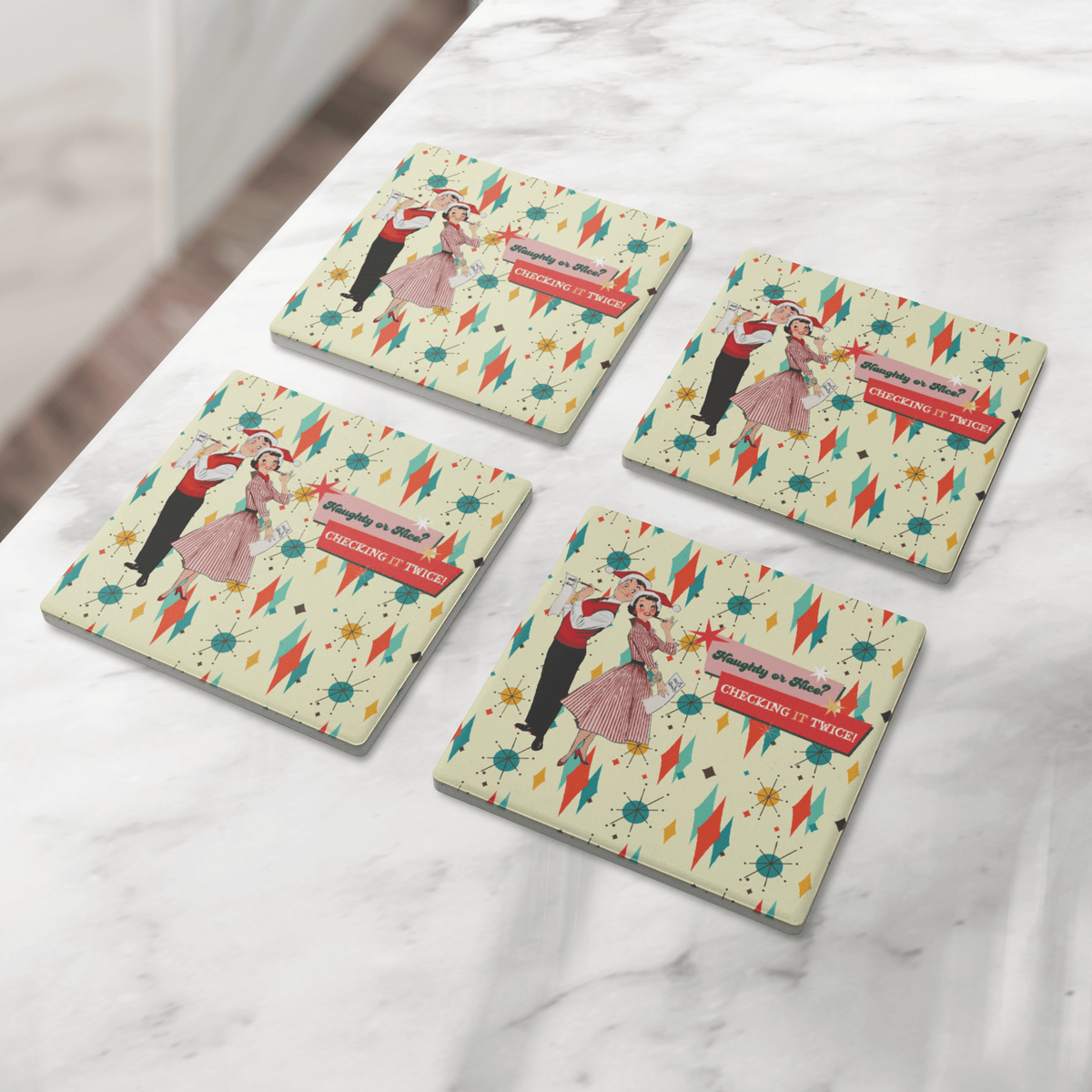 Kate McEnroe New York Naughty or Nice 1950s Christmas Mid Century Modern Soapstone Coaster SetCoasters7021