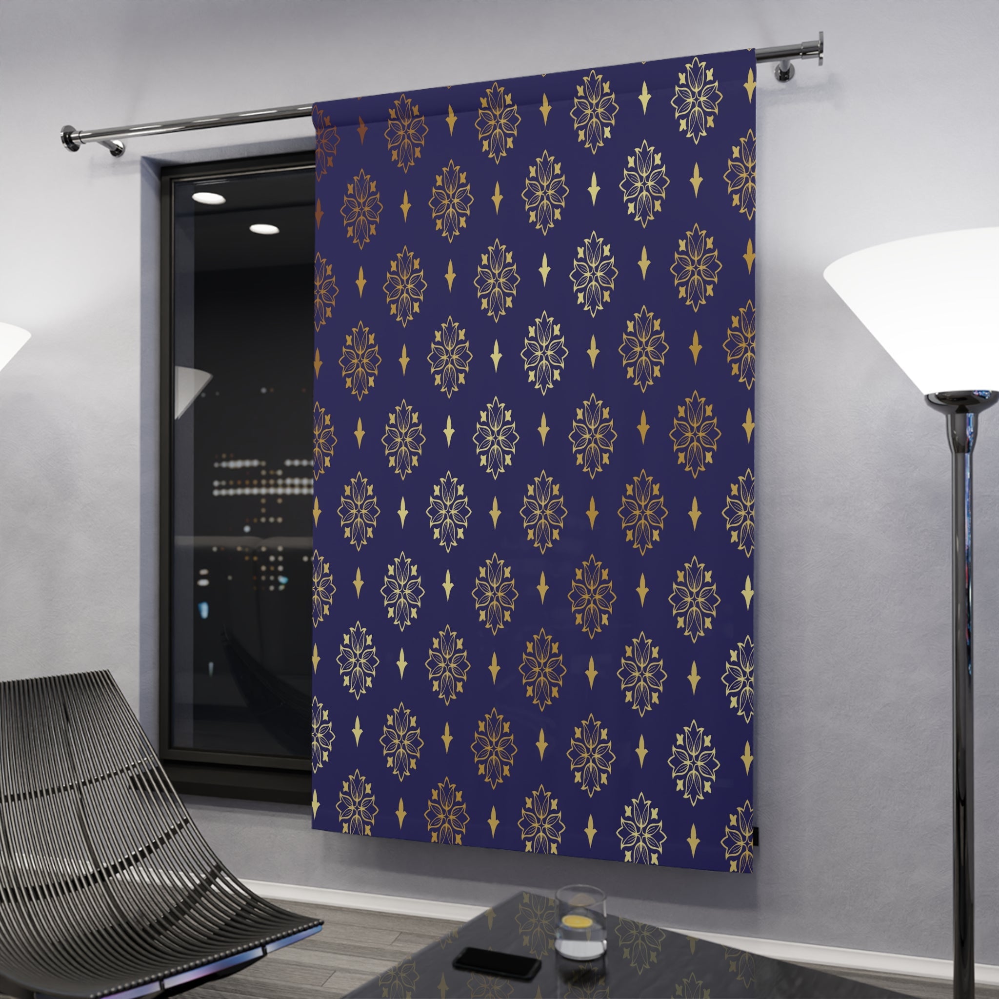 Kate McEnroe New York Navy Blue Gold Damask Blackout Window Curtain, Chinoiserie Oriental Drapes, Grandmillenial DecorWindow Curtains20642908406488532802