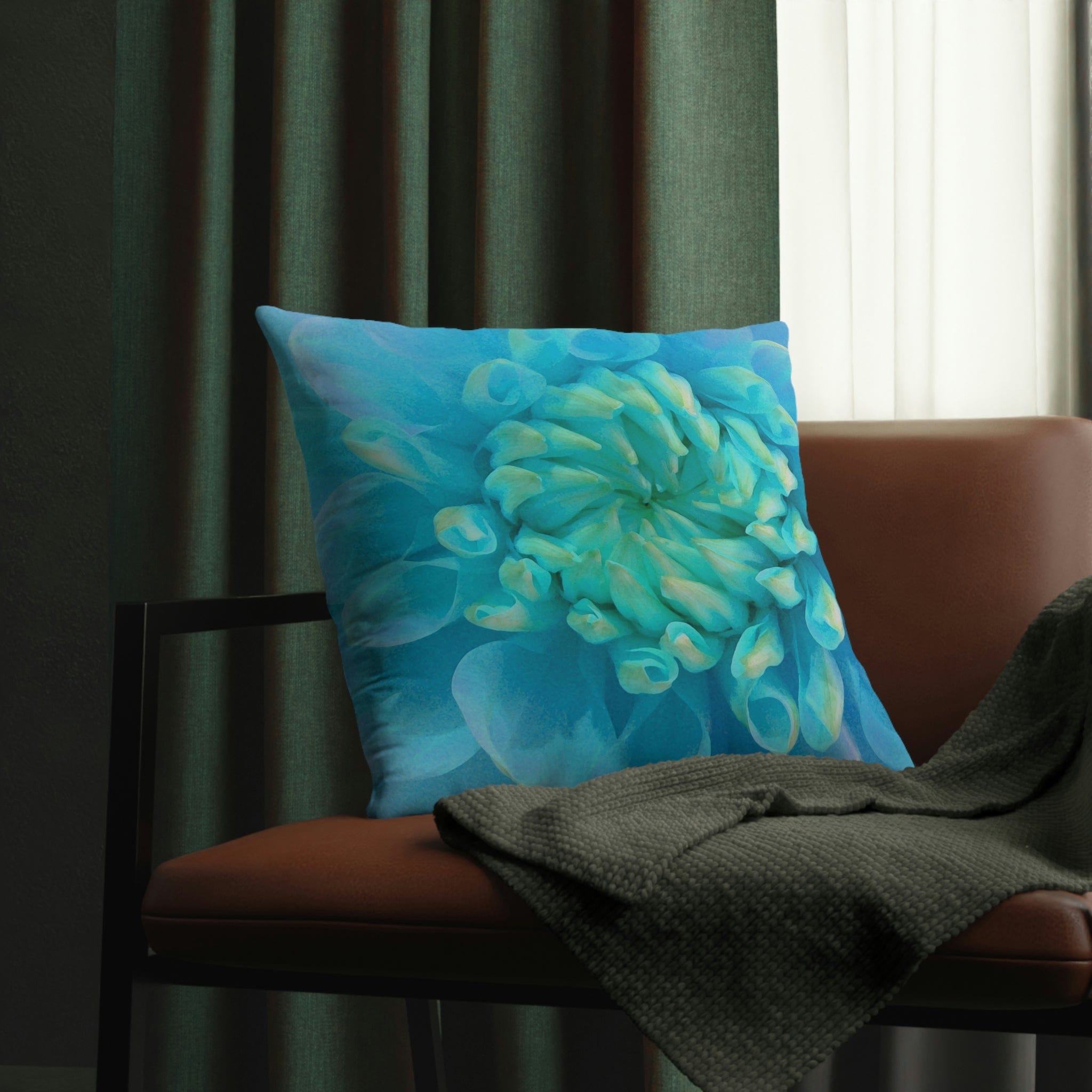 Kate McEnroe New York Outdoor Pillow in Painted Turquoise Dahlia FlowerThrow Pillows15064022590620034333