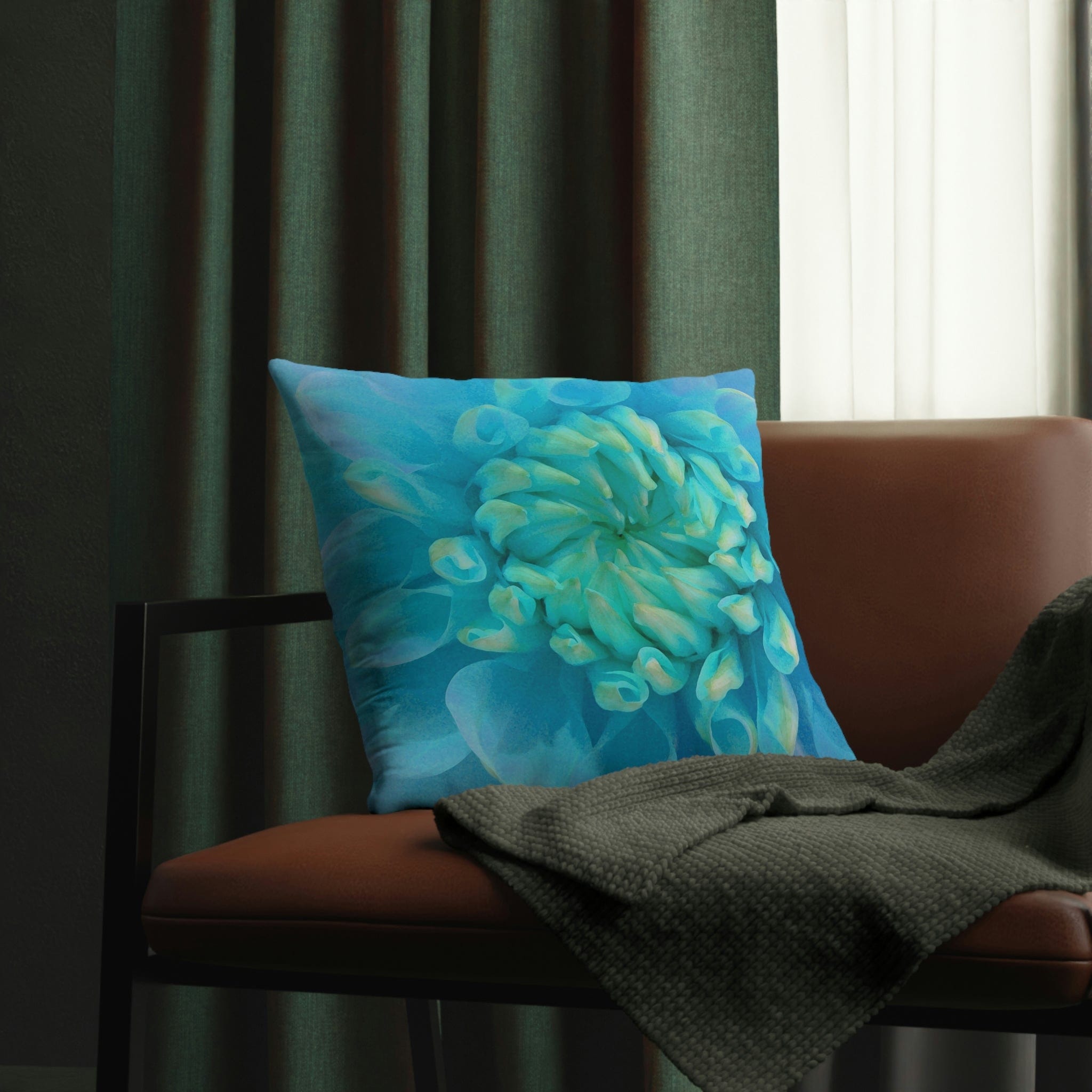 Kate McEnroe New York Outdoor Pillow in Painted Turquoise Dahlia FlowerThrow Pillows30427470663094431475