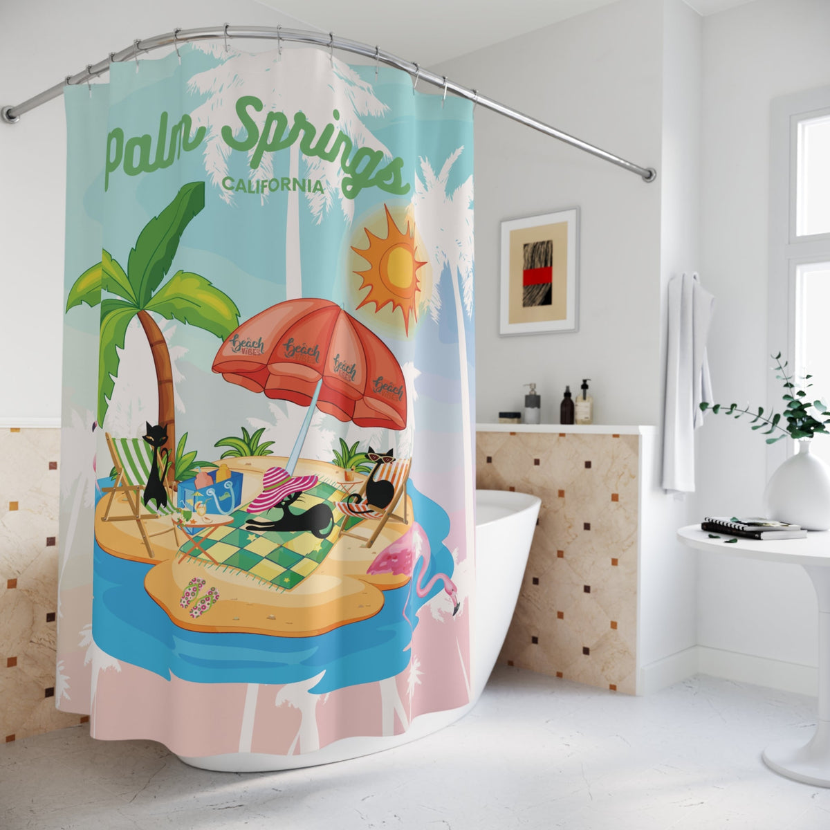 Kate McEnroe New York Palm Springs Atomic Cat Shower Curtain, Retro Beach Bathroom Decor, Mid Century Modern Flamingo Island Summer VibeShower Curtains60843073666539716183