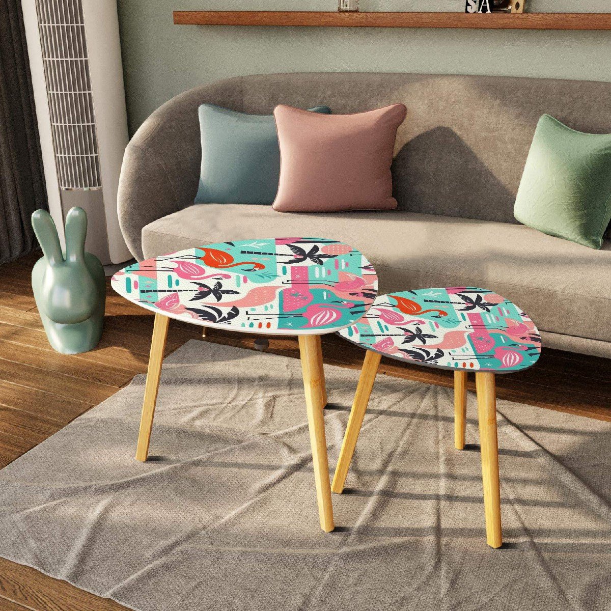 Kate McEnroe New York Palm Springs Cali Flamingo Nesting Tables, Mid Century Modern Tropical Teal Pink Accent, Retro Atomic Era Coffee Table SetNesting TablesNYIKnWrQBG