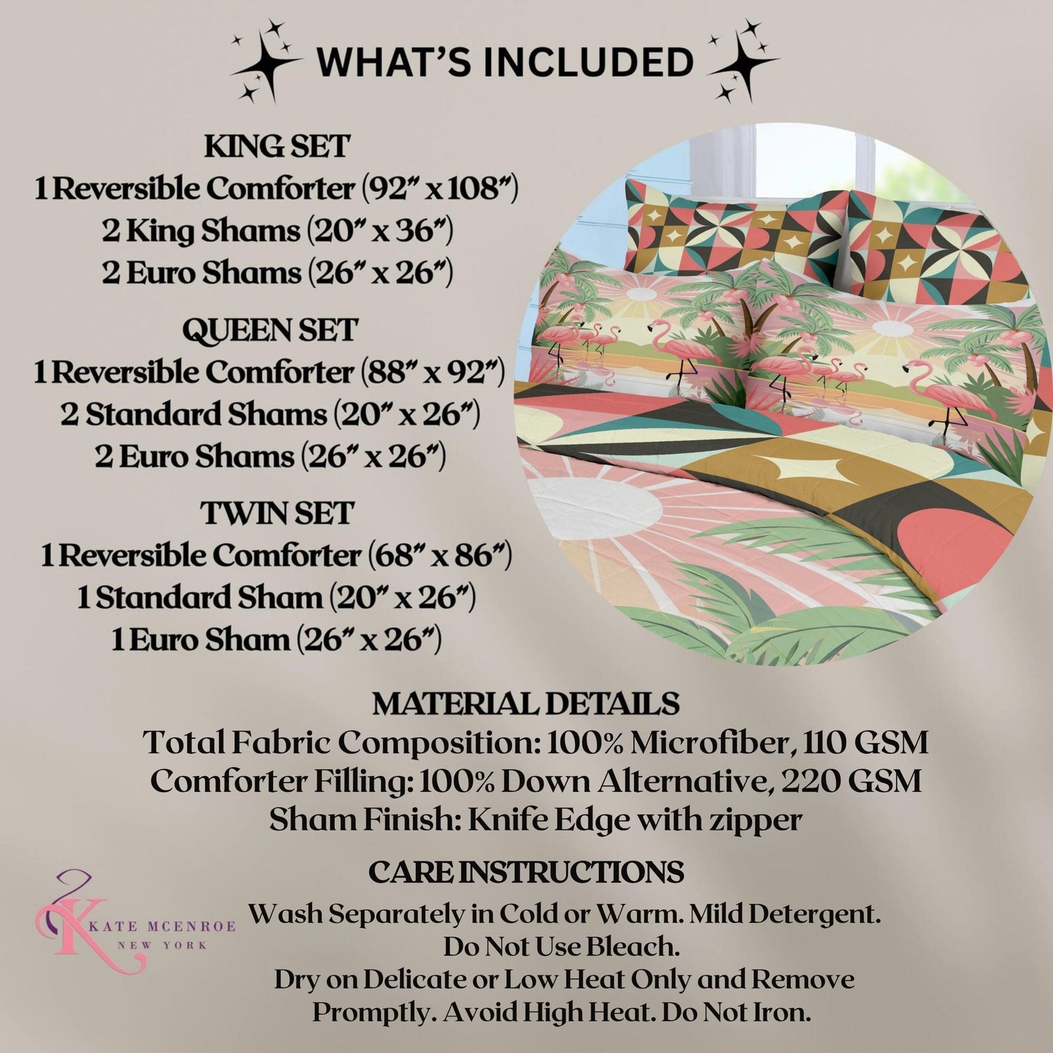 Kate McEnroe New York Palm Springs Cali Tropical Flamingo Sunshine Reversible Comforter Set, MCM Geometric Starburst BeddingComforter SetRVCOMPSKMF