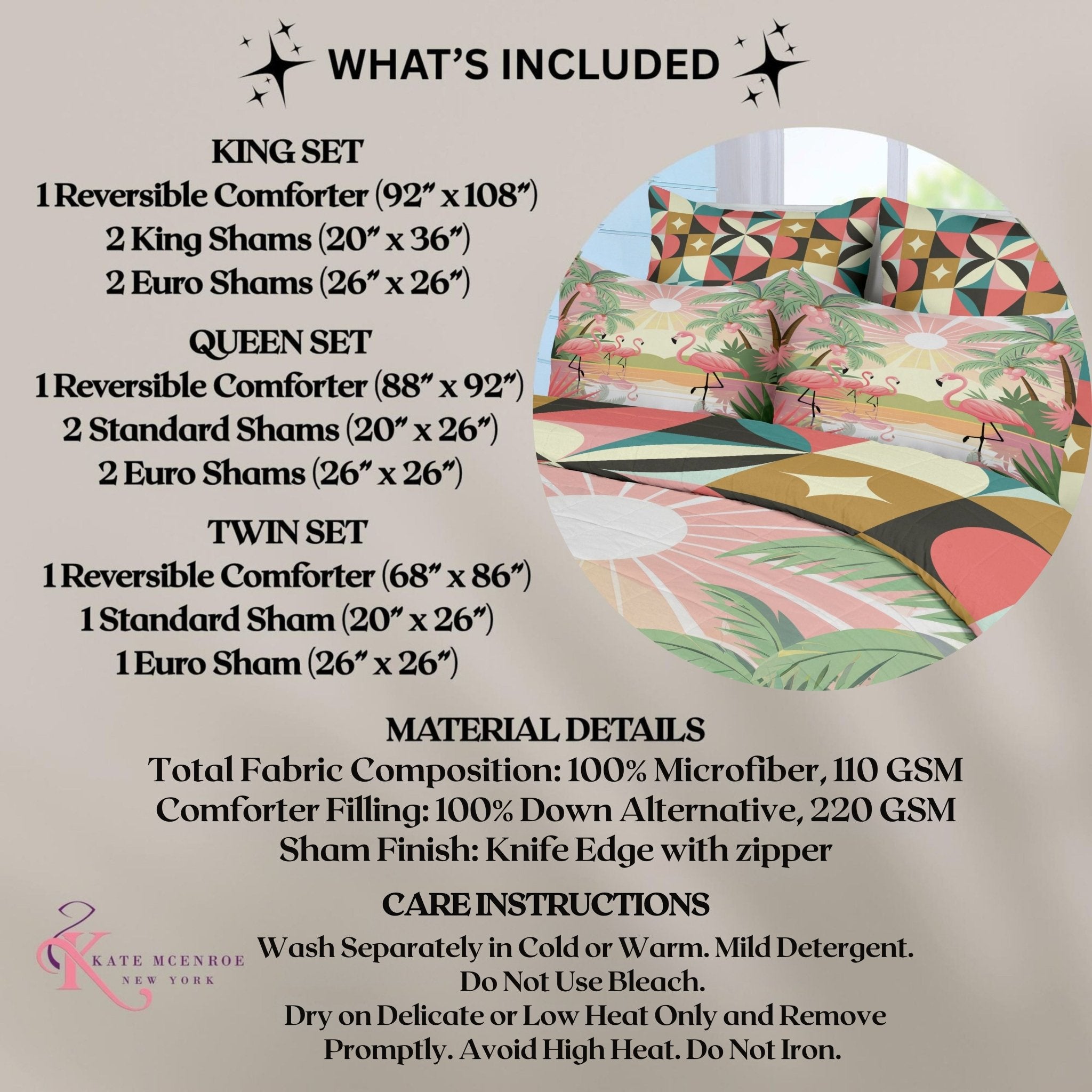 Kate McEnroe New York Palm Springs Cali Tropical Flamingo Sunshine Reversible Comforter Set, MCM Geometric Starburst BeddingComforter SetRVCOMPSKMF