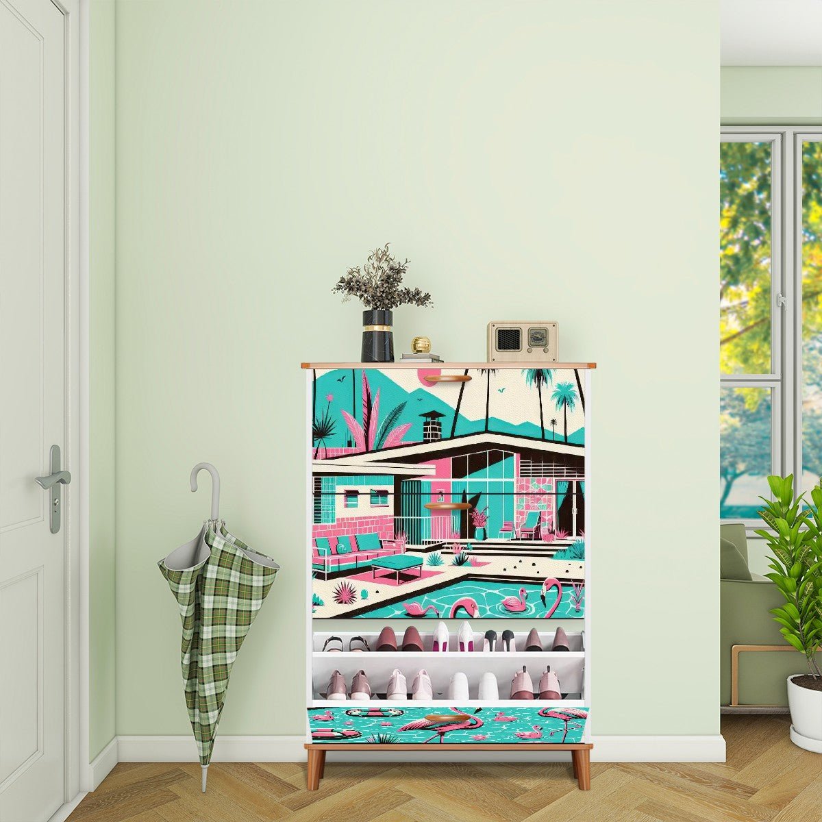 Kate McEnroe New York Palm Springs California Flamingo Design Shoe Cabinet, Mid Century Modern Kitsch Entryway StorageShoe StorageESdliG07j2