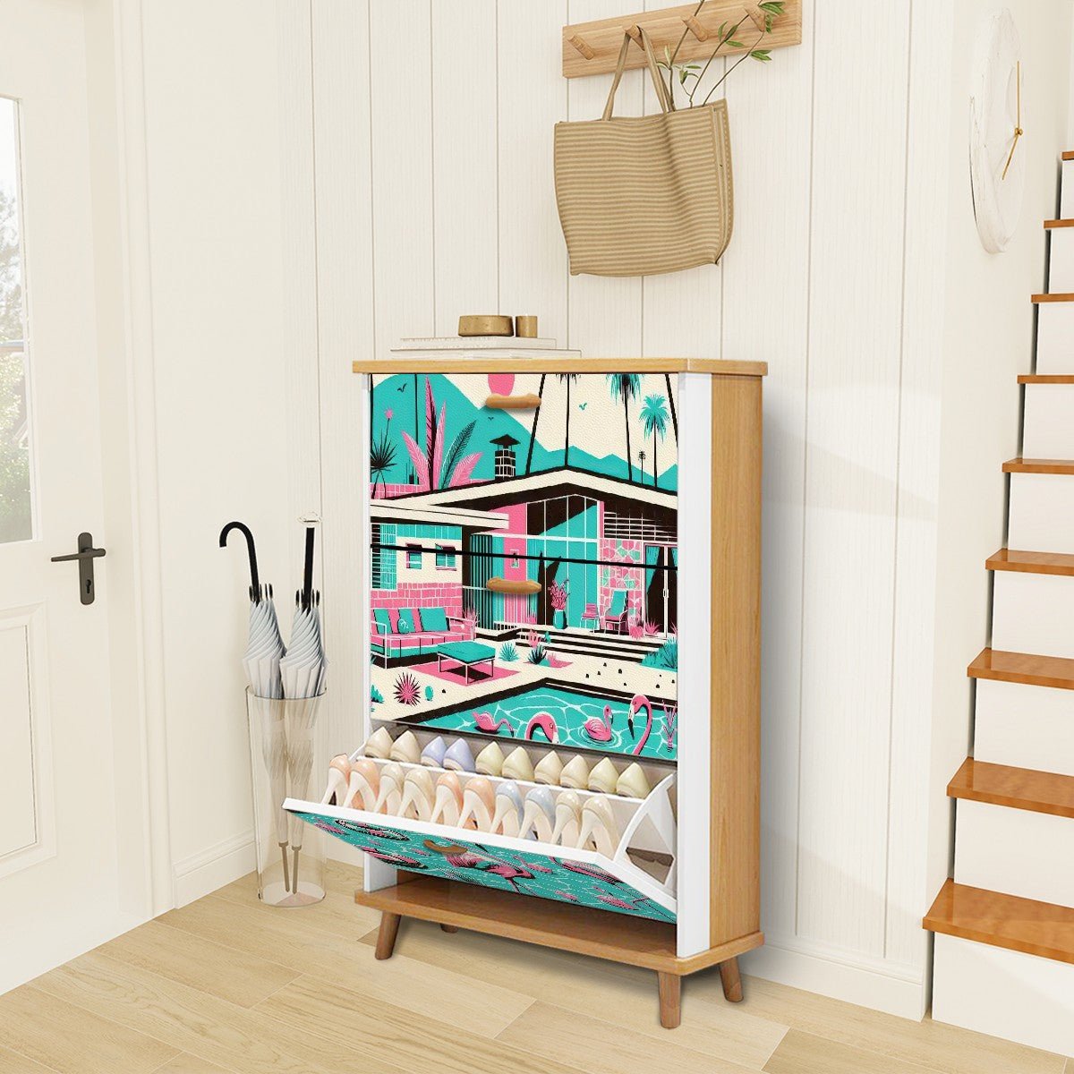 Kate McEnroe New York Palm Springs California Flamingo Design Shoe Cabinet, Mid Century Modern Kitsch Entryway StorageShoe StorageESdliG07j2