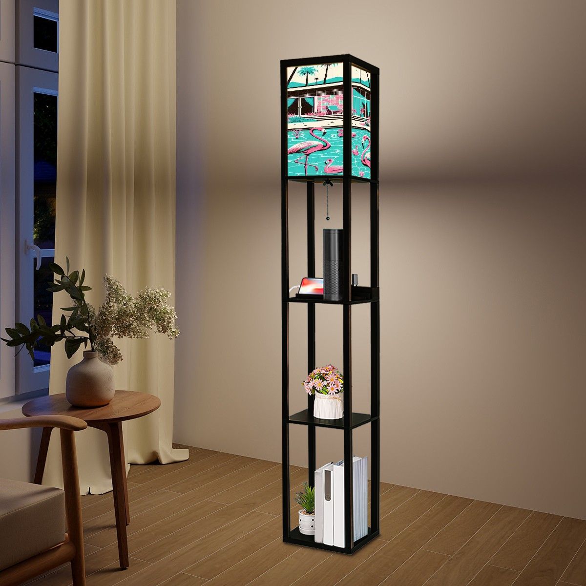 Kate McEnroe New York Palm Springs California Flamingo Floor Lamp with Shelf, Mid Century Modern Tropical Retro LightShelf LightingZbdd3mDoZi
