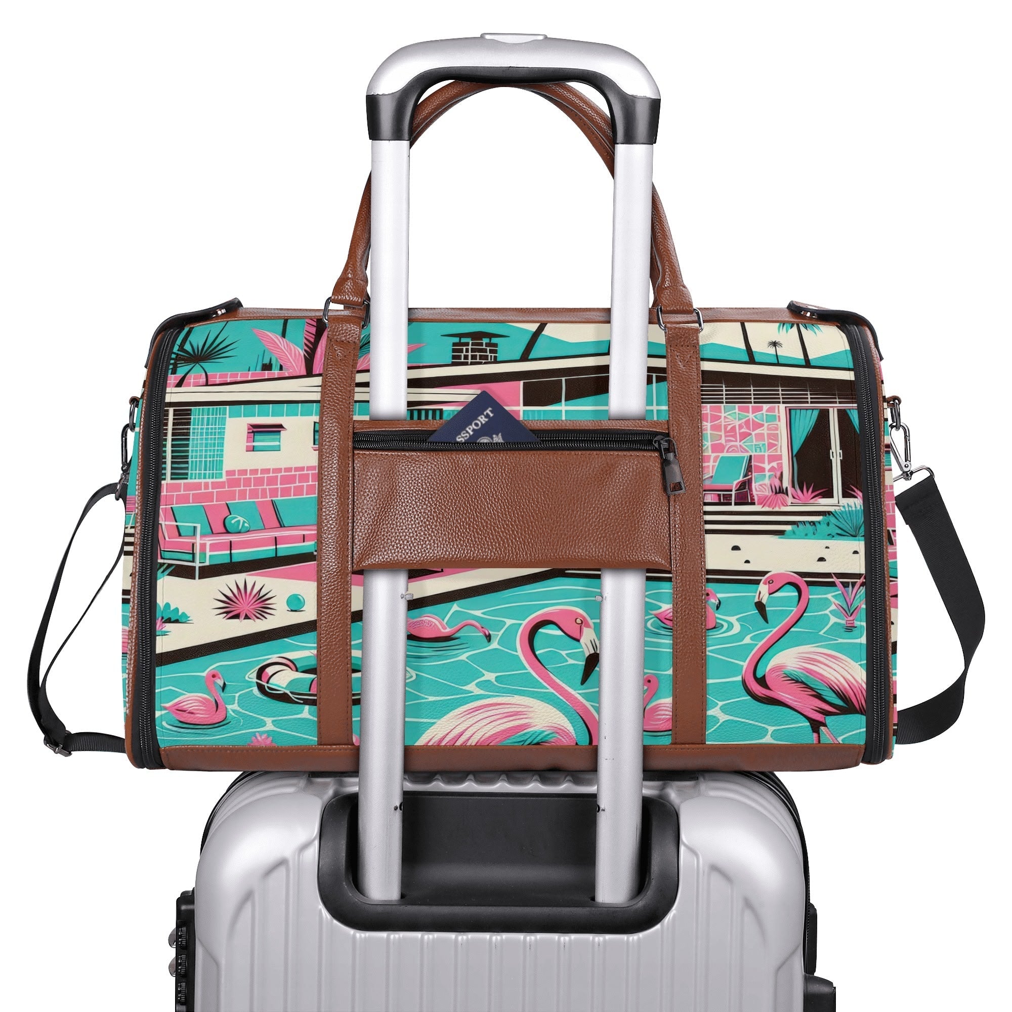 Kate McEnroe New York Palm Springs Flamingo Mid Century Modern Duffel Bag, Retro Poolside Travel WeekenderDuffel BagsWLXVX8LW - 1
