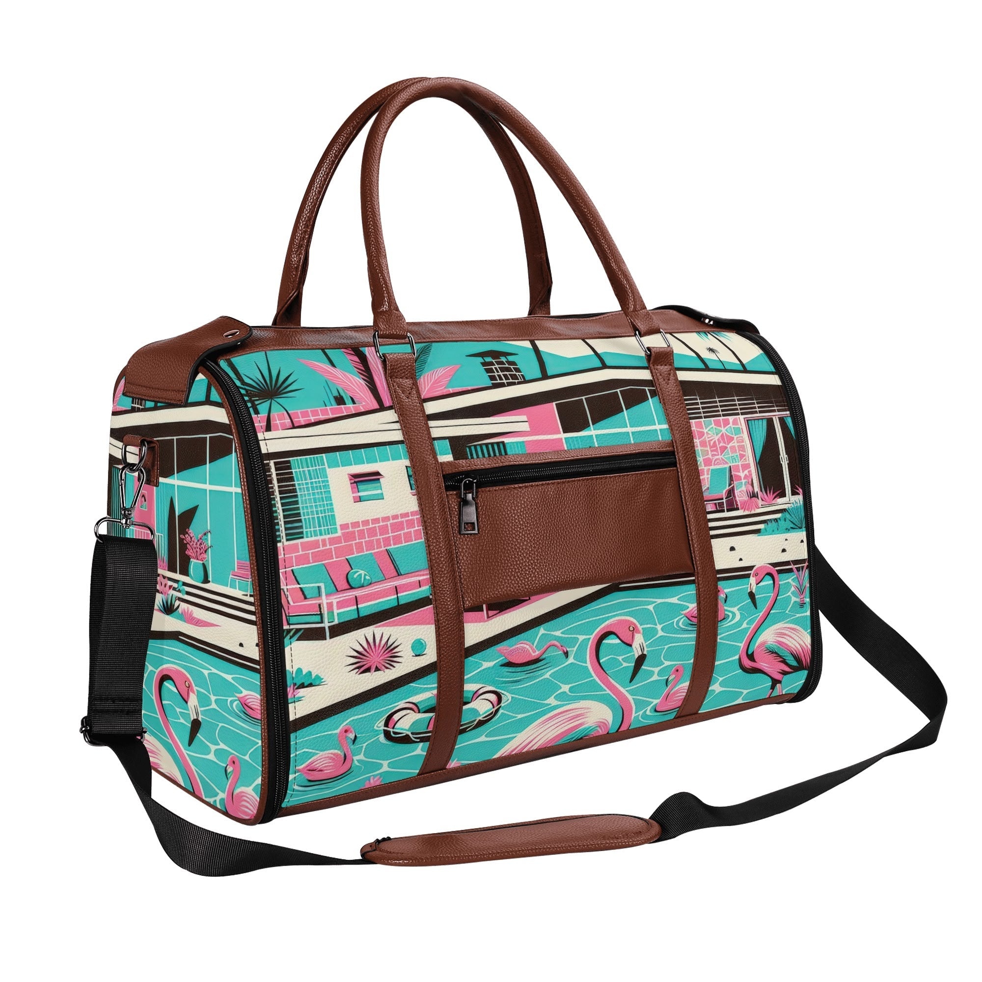 Kate McEnroe New York Palm Springs Flamingo Mid Century Modern Duffel Bag, Retro Poolside Travel WeekenderDuffel BagsWLXVX8LW - 1