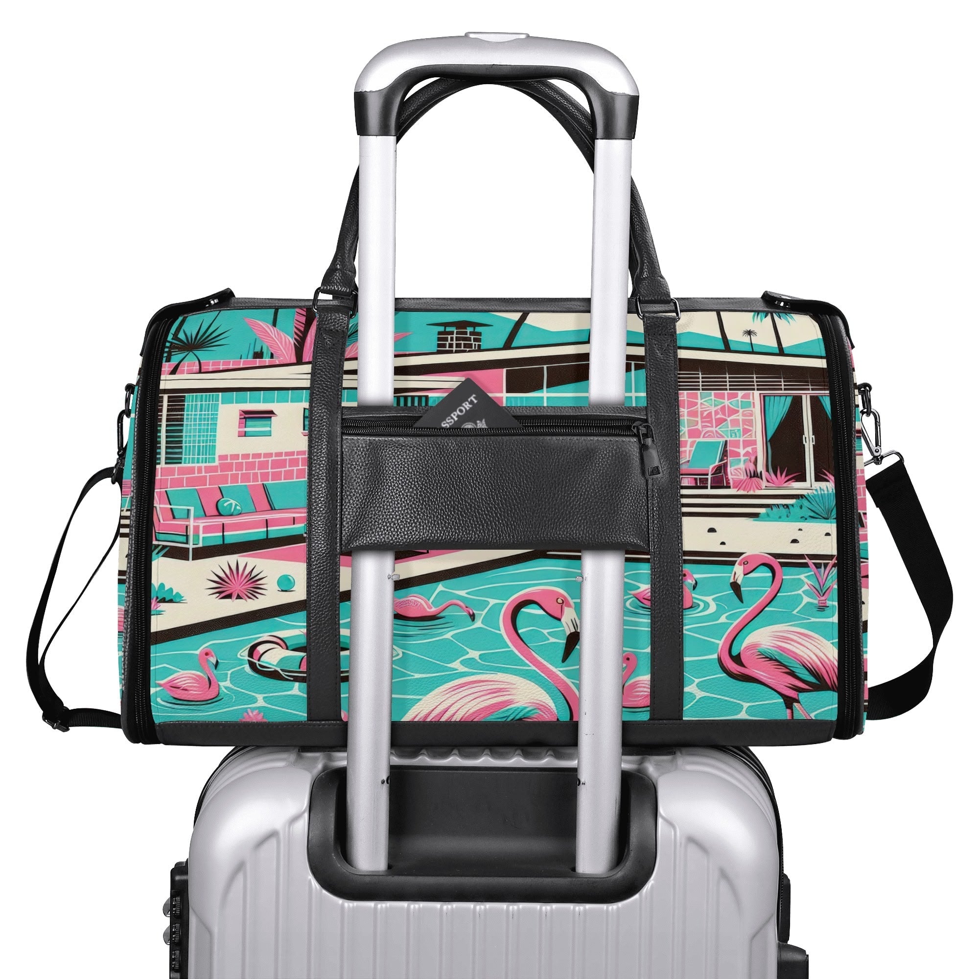 Kate McEnroe New York Palm Springs Flamingo Mid Century Modern Duffel Bag, Retro Poolside Travel WeekenderDuffel BagsWLXVX8LW - 2