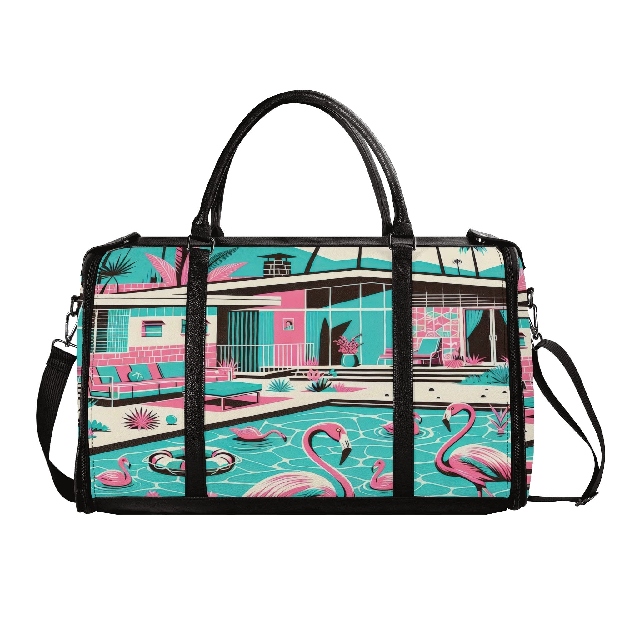 Kate McEnroe New York Palm Springs Flamingo Mid Century Modern Duffel Bag, Retro Poolside Travel WeekenderDuffel BagsWLXVX8LW - 2