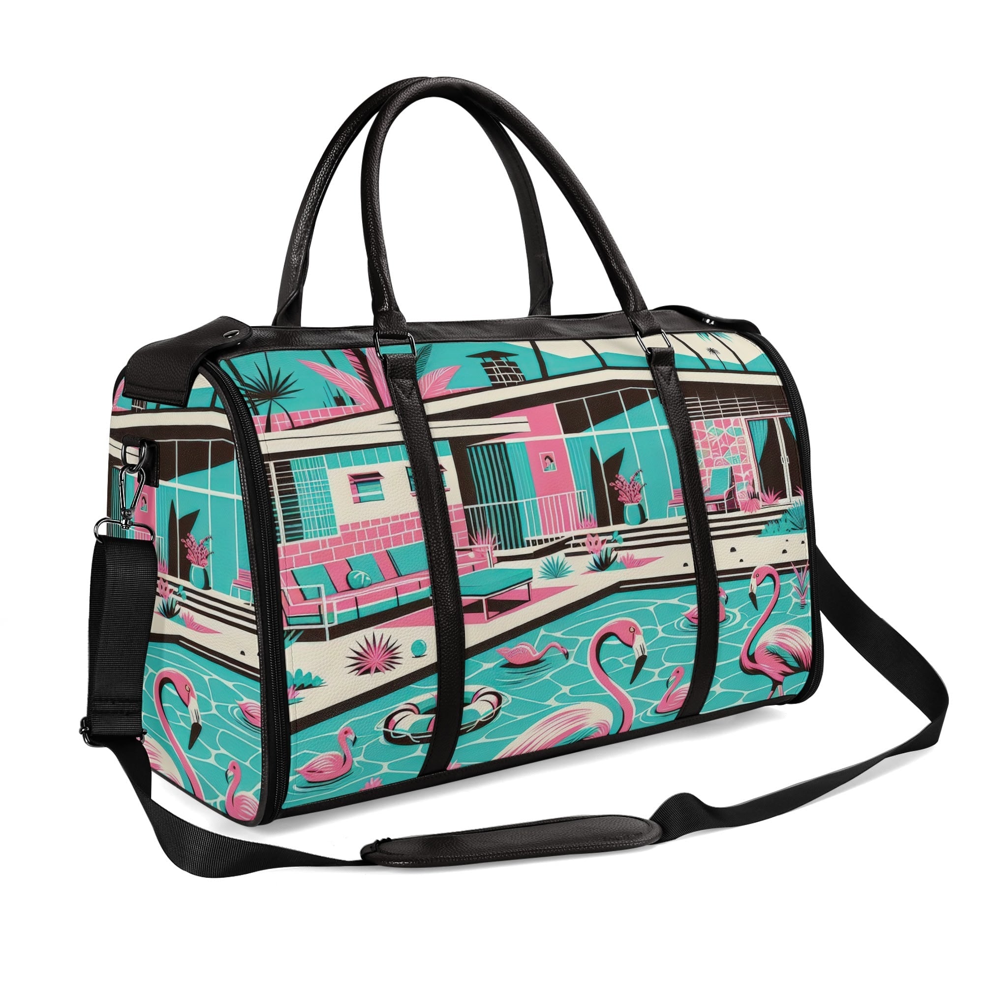 Kate McEnroe New York Palm Springs Flamingo Mid Century Modern Duffel Bag, Retro Poolside Travel WeekenderDuffel BagsWLXVX8LW - 2