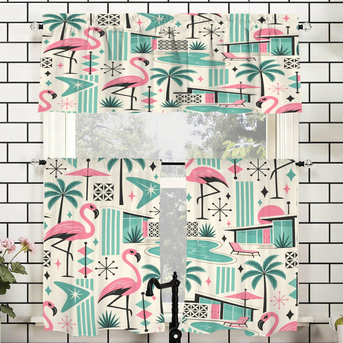 Kate McEnroe New York Palm Springs Flamingo Mid Century Modern Retro Kitchen Curtain SetValancesD3450392