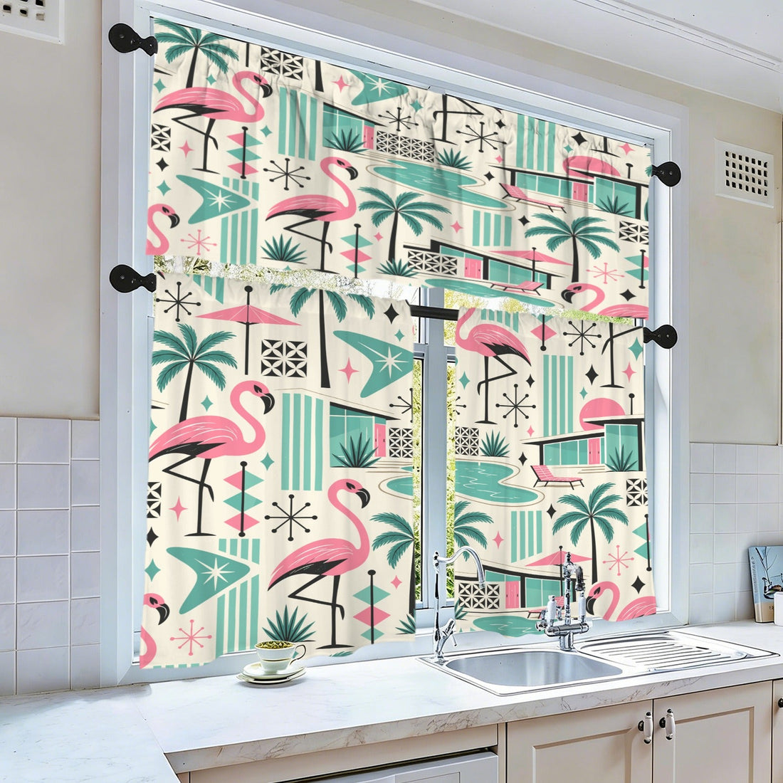 Kate McEnroe New York Palm Springs Flamingo Mid Century Modern Retro Kitchen Curtain SetValancesD3450392