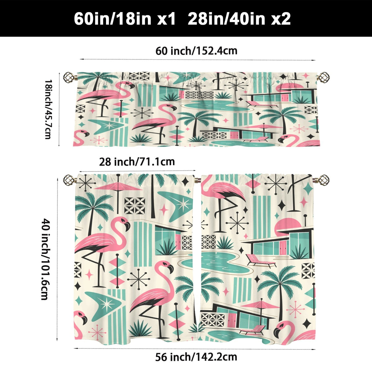 Kate McEnroe New York Palm Springs Flamingo Mid Century Modern Retro Kitchen Curtain SetValancesD3450392