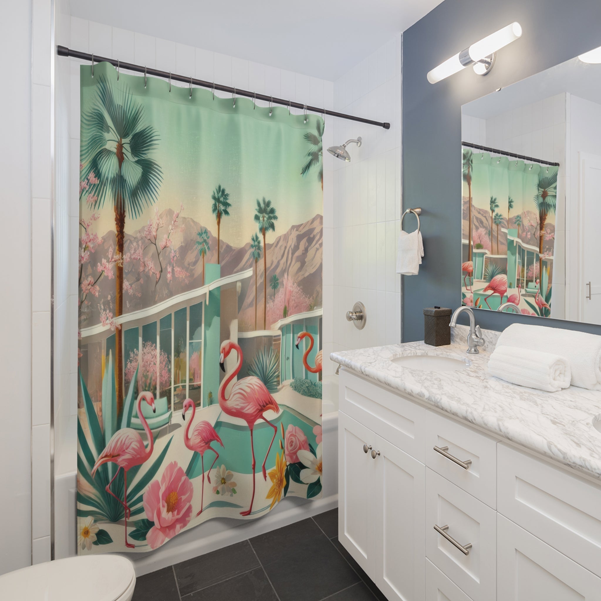 Kate McEnroe New York Palm Springs Flamingo Shower Curtain, Mid Century Modern Retro Bathroom DecorShower Curtains11536426620858060773