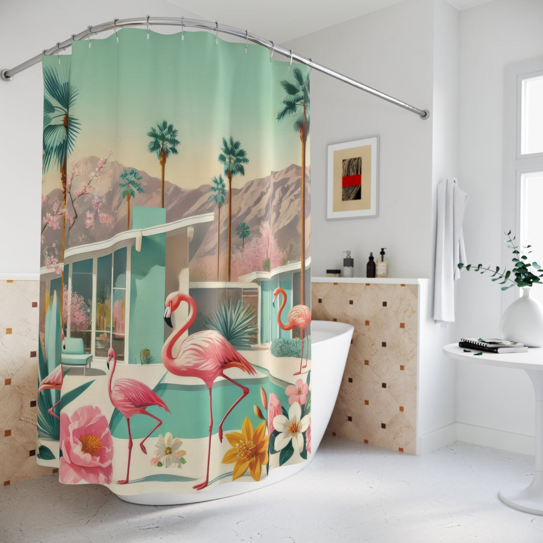 Kate McEnroe New York Palm Springs Flamingo Shower Curtain, Mid Century Modern Retro Bathroom DecorShower Curtains11536426620858060773