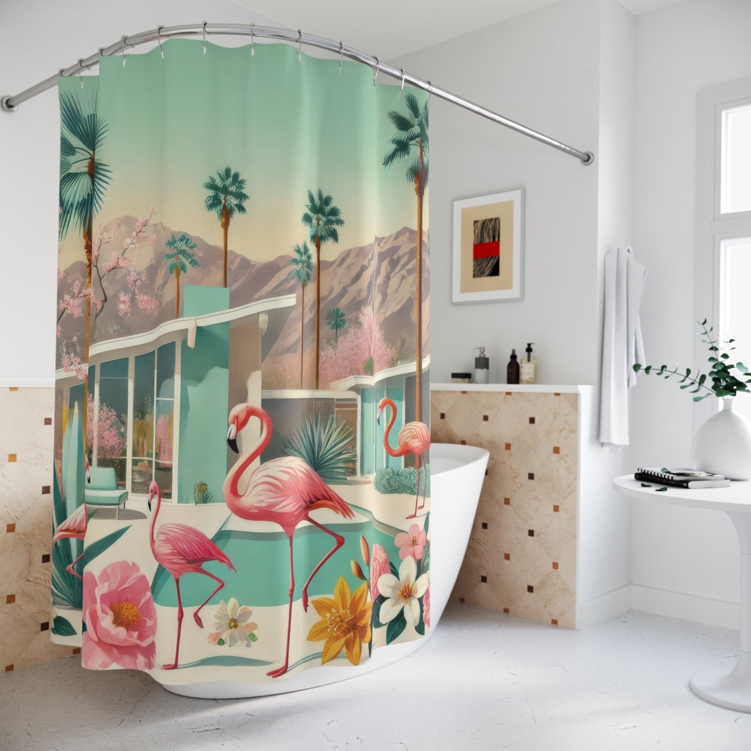Kate McEnroe New York Palm Springs Flamingo Shower Curtain, Mid Century Modern Retro Bathroom DecorShower Curtains11536426620858060773