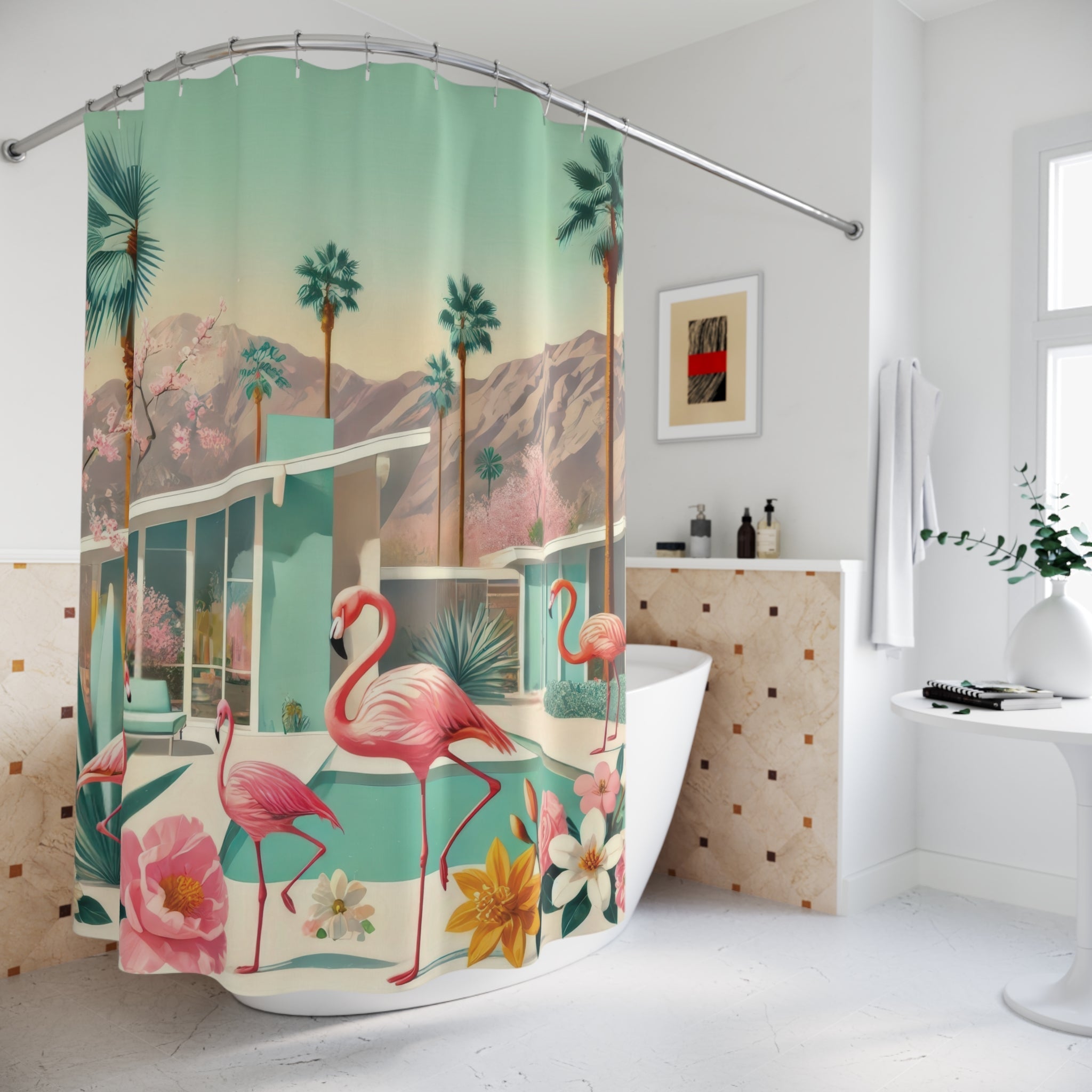 Kate McEnroe New York Palm Springs Flamingo Shower Curtain, Mid Century Modern Retro Bathroom DecorShower Curtains11536426620858060773