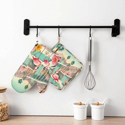 Kate McEnroe New York Palm Springs Flamingo Tropical Mid Century Modern Oven Mitts and Pot Holders SetsOven Mitts &amp; Pot Holder SetkdTbqf3tmN
