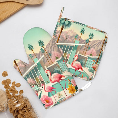 Kate McEnroe New York Palm Springs Flamingo Tropical Mid Century Modern Oven Mitts and Pot Holders SetsOven Mitts &amp; Pot Holder SetkdTbqf3tmN