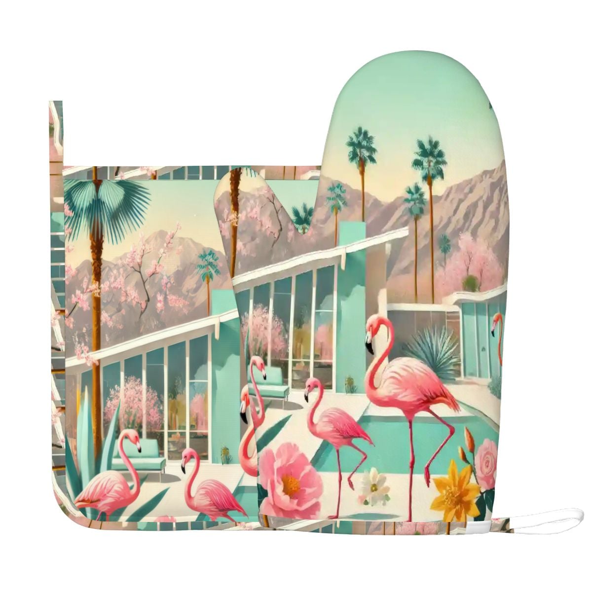 Kate McEnroe New York Palm Springs Flamingo Tropical Mid Century Modern Oven Mitts and Pot Holders SetsOven Mitts &amp; Pot Holder SetkdTbqf3tmN