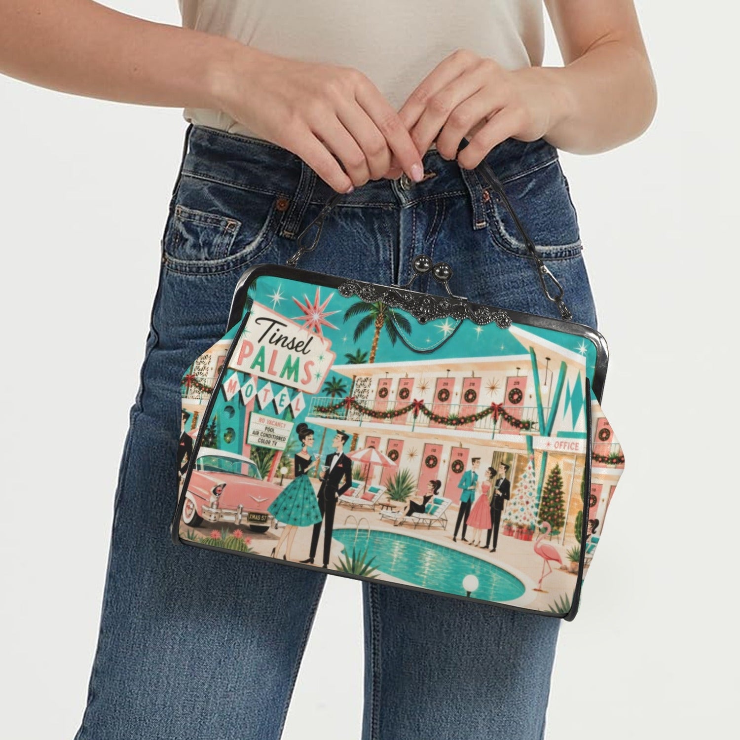 Kate McEnroe New York Palm Springs Mid Century Christmas Tinsel Palms Kiss Lock BagCrossbody BagsD3429282