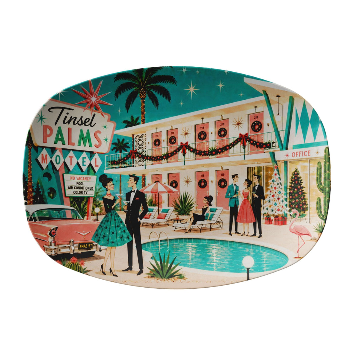 Kate McEnroe New York Palm Springs Mid Century Modern Christmas Platter, Retro Tinsel Palms MotelServing Platters