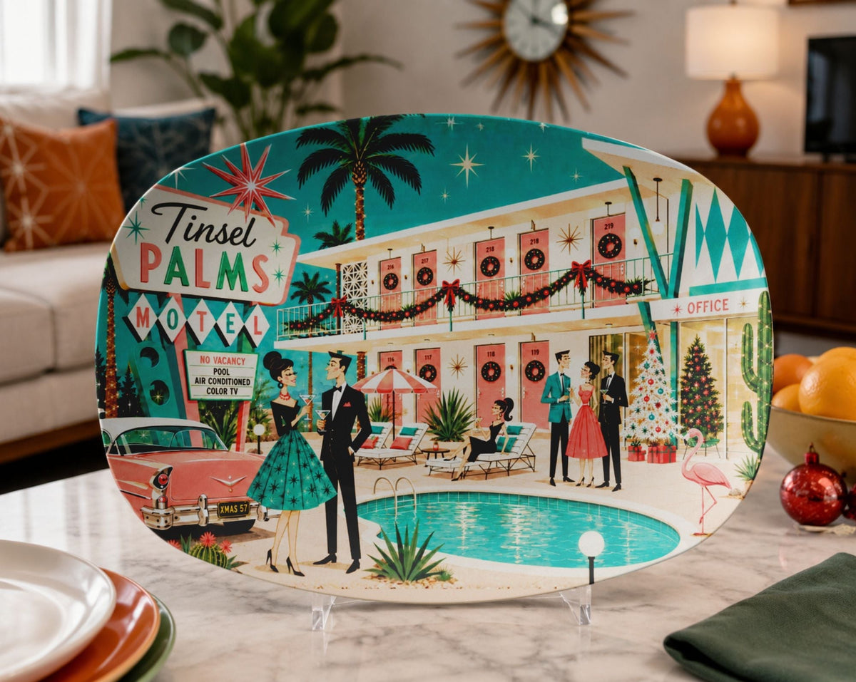 Kate McEnroe New York Palm Springs Mid Century Modern Christmas Platter, Retro Tinsel Palms MotelServing Platters