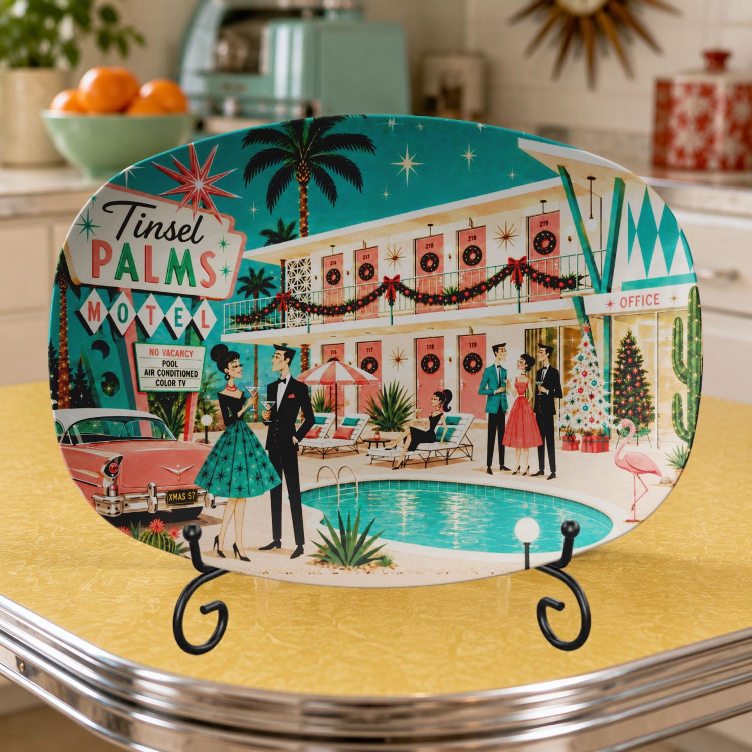 Kate McEnroe New York Palm Springs Mid Century Modern Christmas Platter, Retro Tinsel Palms MotelServing Platters