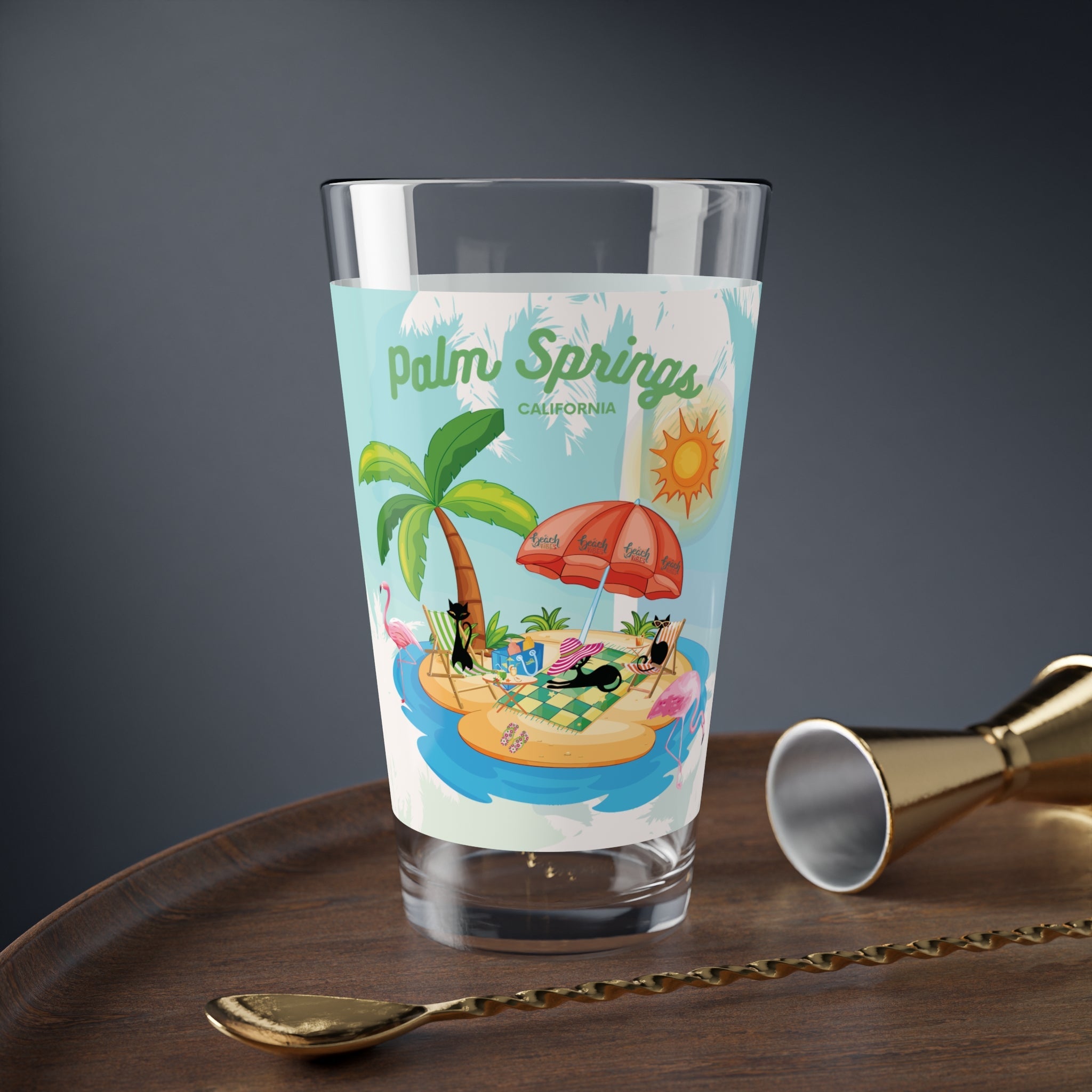 Kate McEnroe New York Palm Springs Mid Century Modern Pint Glass, Retro 50s Tropical Barware, Atomic Cat Summer DrinkwarePint Glasses26424211678449625013