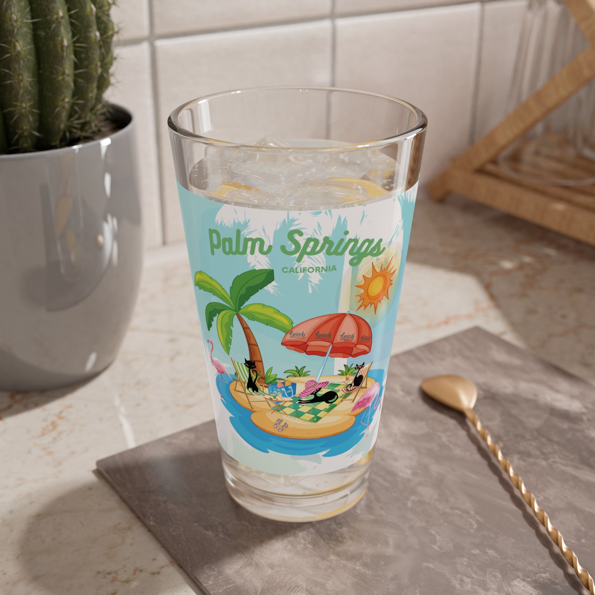 Kate McEnroe New York Palm Springs Mid Century Modern Pint Glass, Retro 50s Tropical Barware, Atomic Cat Summer DrinkwarePint Glasses26424211678449625013