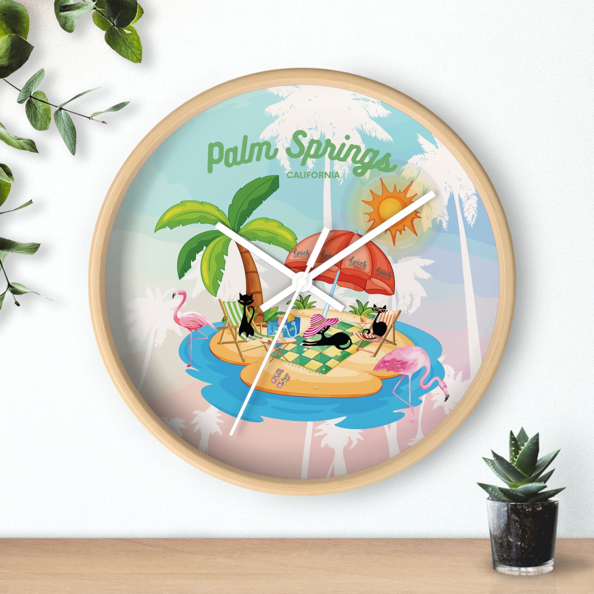 Kate McEnroe New York Palm Springs Mid Century Wall Clock, Retro 50s Tropical Beach Decor, Atomic Cat Flamingo TimepieceWall Clocks13913204995652198852