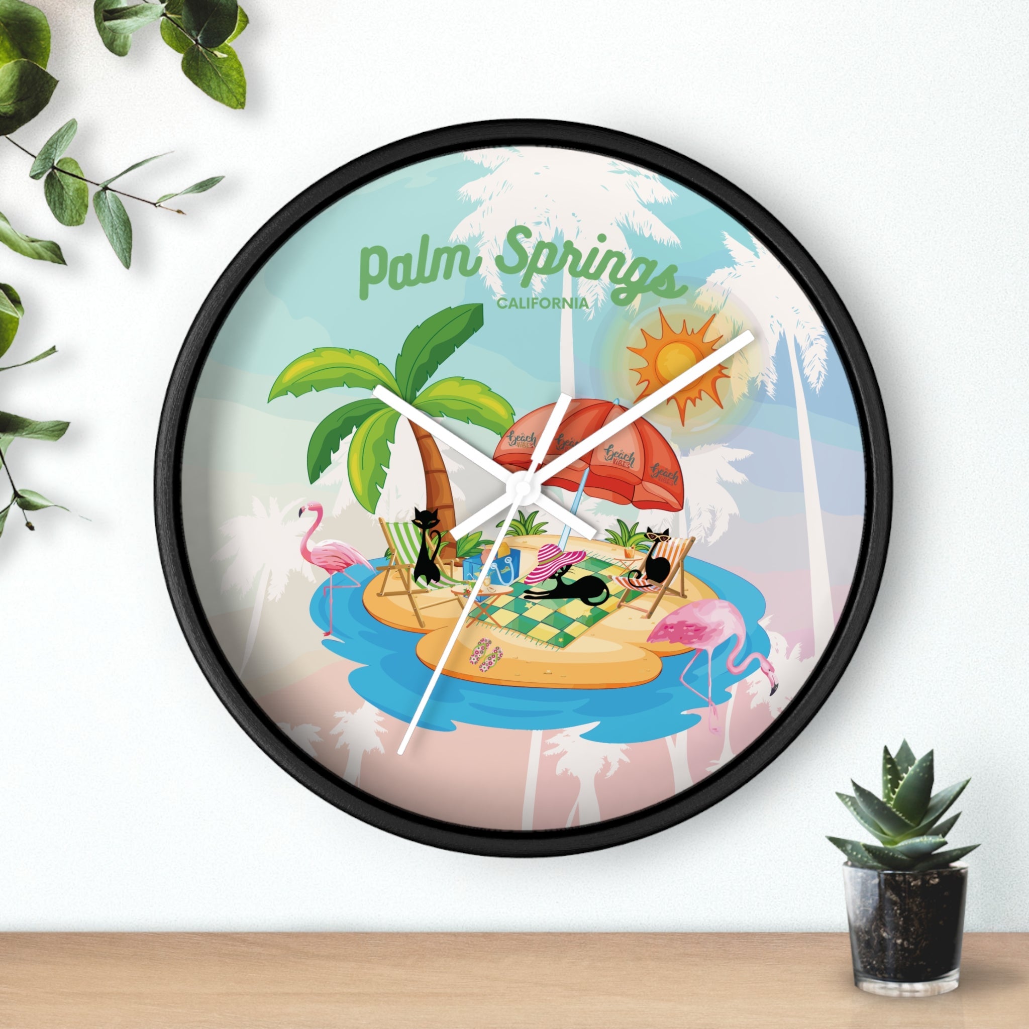Kate McEnroe New York Palm Springs Mid Century Wall Clock, Retro 50s Tropical Beach Decor, Atomic Cat Flamingo TimepieceWall Clocks13913204995652198852