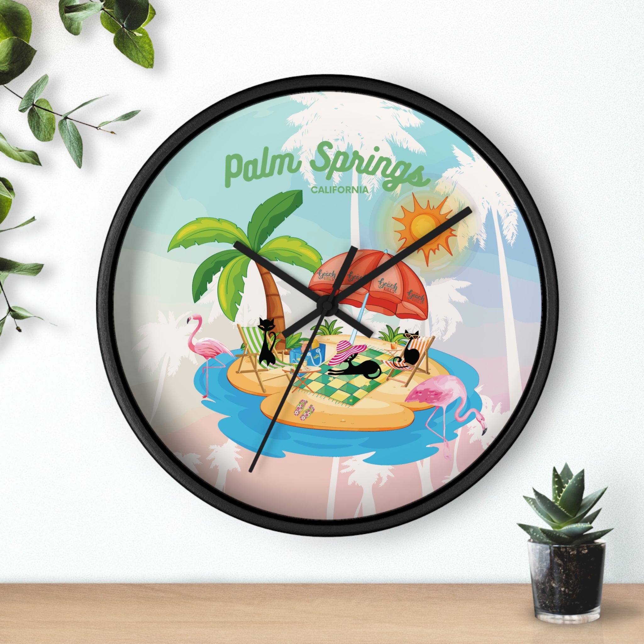 Kate McEnroe New York Palm Springs Mid Century Wall Clock, Retro 50s Tropical Beach Decor, Atomic Cat Flamingo TimepieceWall Clocks63729109735240402599