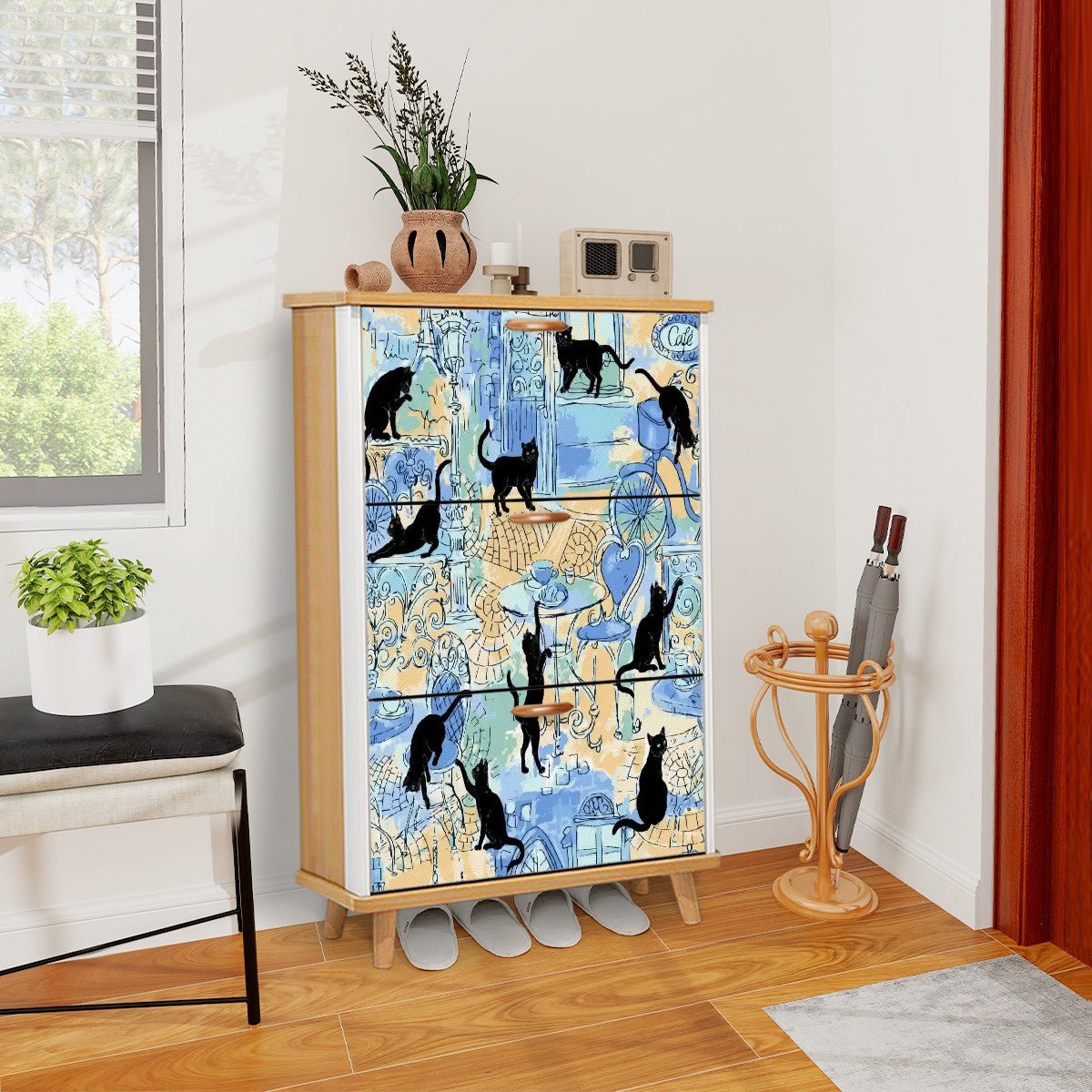 Kate McEnroe New York Parisian Black Cat Shoe Cabinet, Mid Century Modern European Cafe Art StorageShoe StorageF39EitySkS