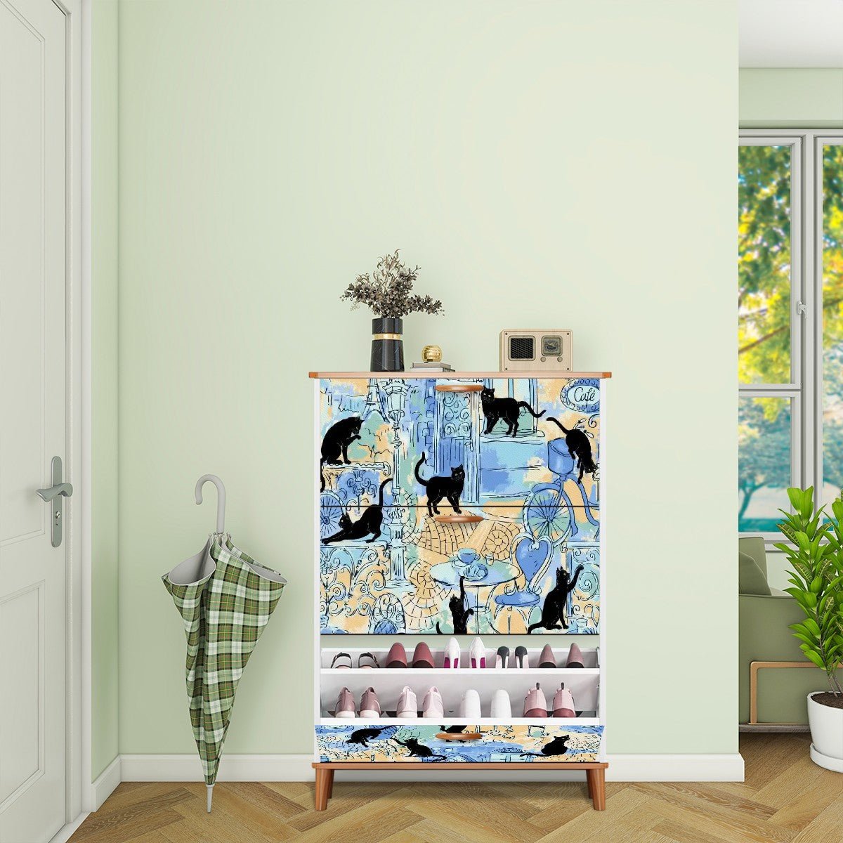 Kate McEnroe New York Parisian Black Cat Shoe Cabinet, Mid Century Modern European Cafe Art StorageShoe StorageF39EitySkS