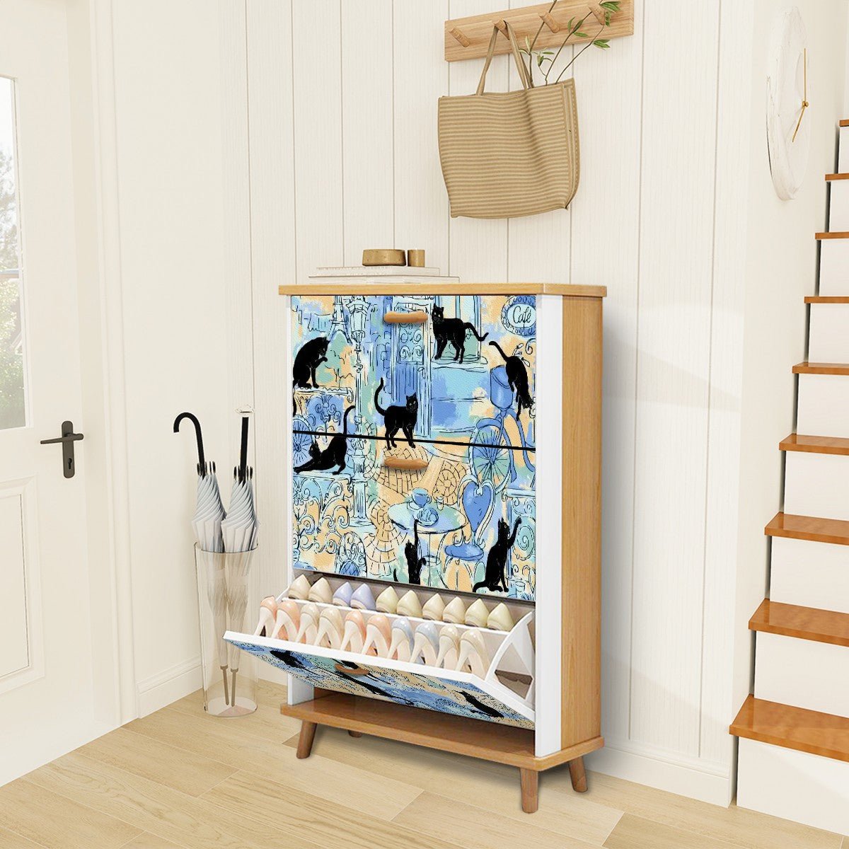 Kate McEnroe New York Parisian Black Cat Shoe Cabinet, Mid Century Modern European Cafe Art StorageShoe StorageF39EitySkS