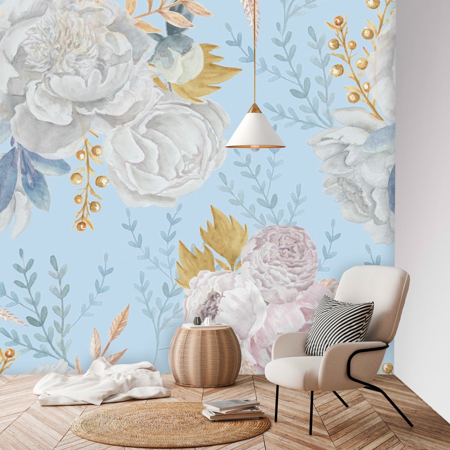 Kate McEnroe New York Pastel Blue And White Peony Floral Wall MuralWall Mural119298