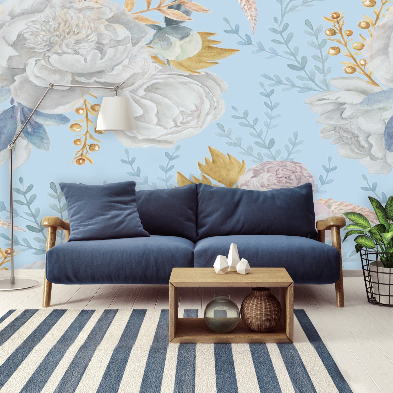 Kate McEnroe New York Pastel Blue And White Peony Floral Wall MuralWall Mural119299