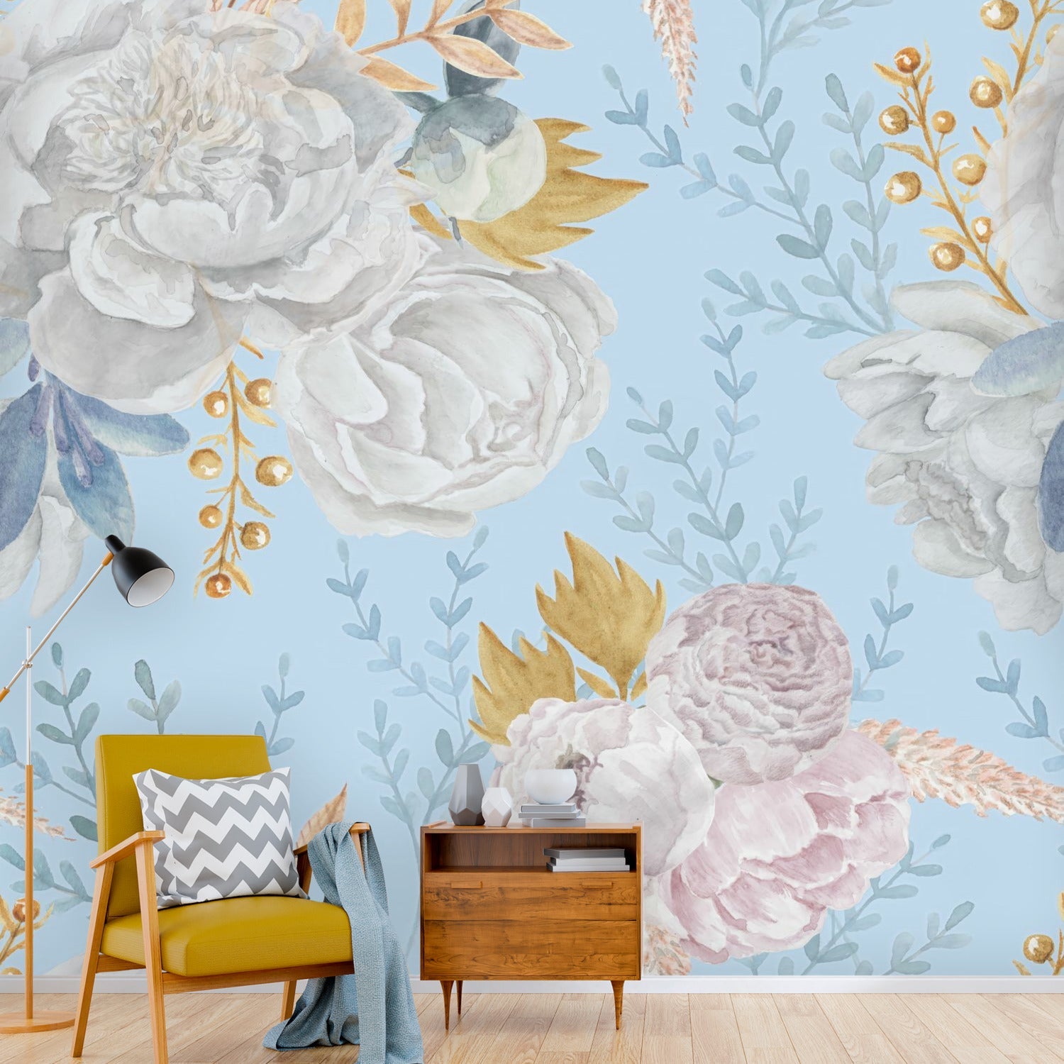 Kate McEnroe New York Pastel Blue And White Peony Floral Wall MuralWall Mural119300